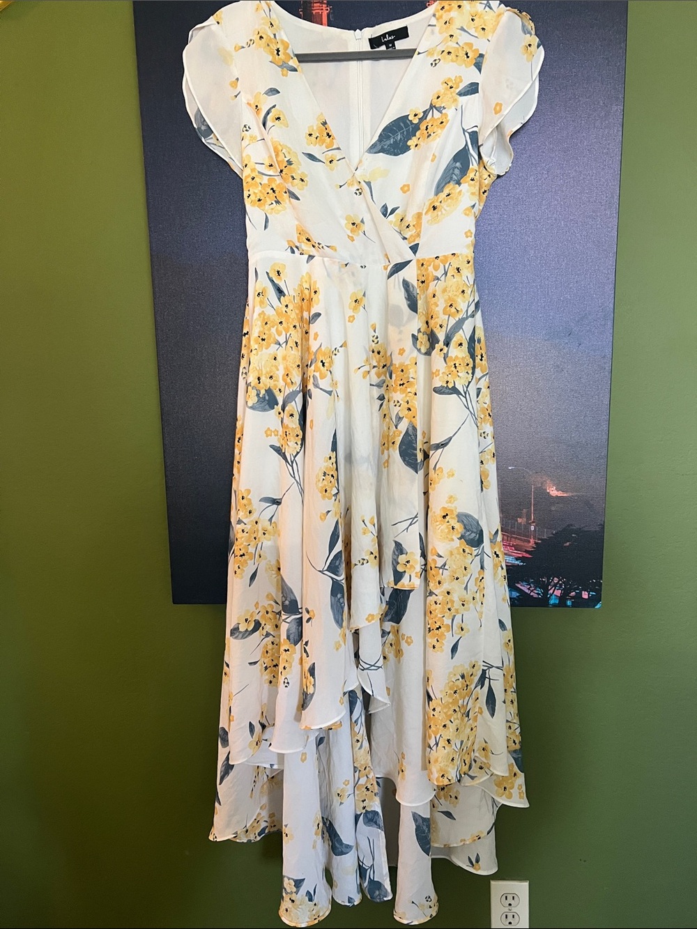 Lulu's White Floral High-Low Wrap Dress with Yellow Blooms
